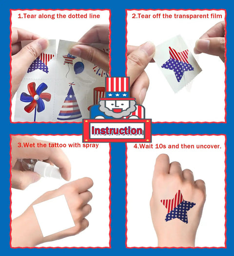 How to apply tattoos from 4th Of July Women Outfit Set With 120 PCS USA Flag Temporary Tattoos Featuring Fireworks Eagle Statue Of Liberty And Independence Day Memorial Day For A Classic Patriotic Look And Trendy Festive Vibe, showing step-by-step instructions.