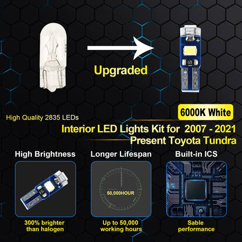 Infographic comparing old bulb versus new Lit 6000K White LED Interior Light Kit With Install Tool For Toyota Tundra 2007 to 2021