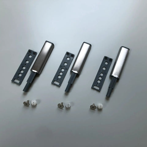 Set Of Three Push To Open Cabinet Latches With Silent Magnetic Catch For Dead Simple Drawer Opens Light Finger Tap Action Silver Kitchen Hardware Upgrade, showing latches and mounting brackets.