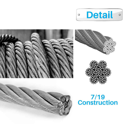 Close-up of Three Sixteenth Inch Stainless Steel Wire Rope Cable Kit, Thirty Feet Long With Eight Coated Clamps, 7x19 core detail.