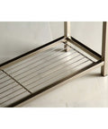 Close-up of bottom shelf of Edenscape Freestanding Towel Rack In Brushed Nickel With Solid Steel Construction Triple Towel Bar Design.