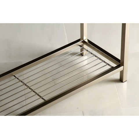 Close-up of bottom shelf of Edenscape Freestanding Towel Rack In Brushed Nickel With Solid Steel Construction Triple Towel Bar Design.