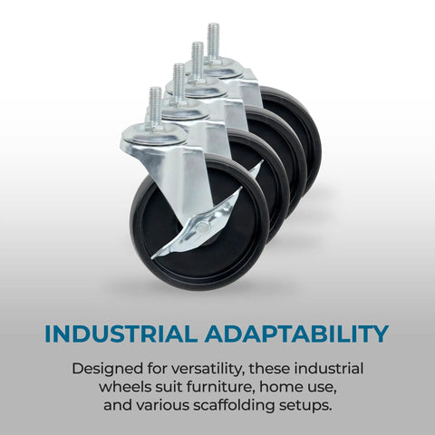 Heavy Duty Four Inch Swivel Caster Wheels Set Of Four Featuring Smooth Roll Action And Secure Locking Brakes Built To Last For Wire Shelving And Storage Racks That Takes A Beating And Moves Without Any Sweat Or Hassle, showcasing sturdy black wheels with silver metal mounts.