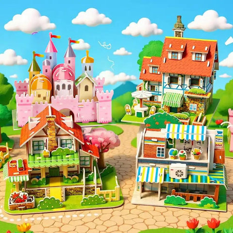 Colorful foam models including castles and houses, showcasing kids' puzzle science kit features for creative learning.