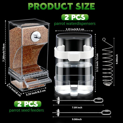 Two parrot water dispensers and seed feeders from Seven Piece Bird Feeder And Water Dispenser Set For Parrot Cages.
