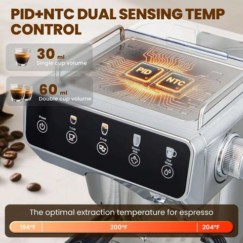 Espresso Machine With 20 Bar Pressure, Touchscreen Interface, Milk Frother And Hot Water, stainless steel close-up view