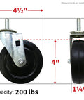 Four Inch Soft Rubber Swivel Stem Caster With Half Inch Stem Diameter And Two Hundred Pound Load Capacity Ideal For Furniture Carts And Equipment Black Finish Delivers Smooth Quiet Mobility On Hard Surfaces