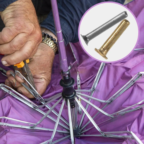 Hands using pliers to repair purple umbrella frame with Heavy Duty Umbrella Skeleton Rivets With Willow Nails For Quick Shutter And Frame Repair Top Shelf Silver Fasteners Easy Diy Kit To Fix Broken Ribs On Folding Parasols Grab This Gear For No Sweat Restoration.