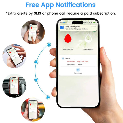 Smart WiFi Sump Pump Alarm With Alarm Activated Outlet And Free App Alerts on smartphone screen