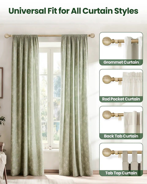 Boho Wood Curtain Rod Set 1 Inch Adjustable From 36 To 88 Inches With Imitation Wood Grain Leaf Finials, fits various curtain types.