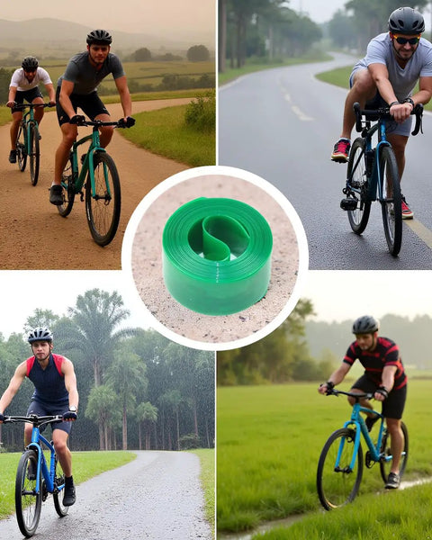 All-Terrain Bicycle Tire Liner Protector for Mountain and Commuter Bikes, 1mm Polyurethane Shield, cyclists riding on diverse terrains