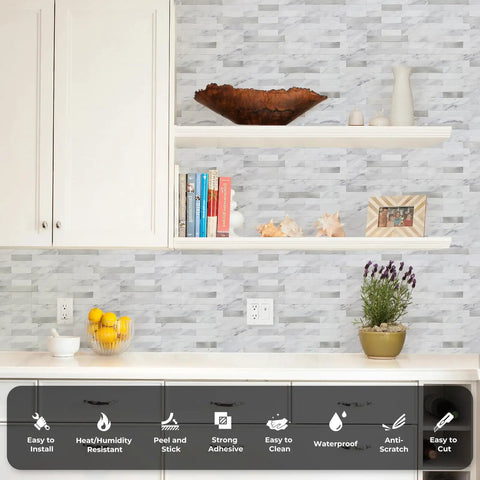 Kitchen with Peel And Stick Backsplash PVC Wall Tiles For Kitchen White Marble With Metal Silver Finish 10 Sheets shown.