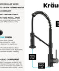 KRAUS Bolden 2-in-1 Pull Down Kitchen Faucet with Integrated Water Filter Tap for Reverse Osmosis or Water Filtration System in Matte Black/Spot-Free Black Stainless Steel, KFF-1610MBSFSB with detailed dimensions.