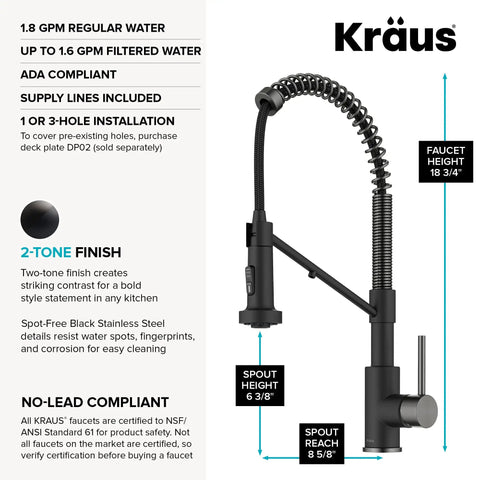 KRAUS Bolden 2-in-1 Pull Down Kitchen Faucet with Integrated Water Filter Tap for Reverse Osmosis or Water Filtration System in Matte Black/Spot-Free Black Stainless Steel, KFF-1610MBSFSB with detailed dimensions.