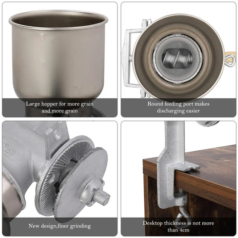 No Sweat Heavy Duty Cast Iron Grain Mill Featuring Wooden Hand Crank And Secure Table Clamp for grinding grains with large hopper and port.