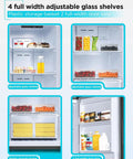 Inside view of Straight Up Game Changing 11 Cu Ft Convertible Freezer And Refrigerator With Reliable Frost Free Cooling And Heavy Duty Glass Shelves Plus Easy Reversible Door For Garage Ready Upright Fridge In Black featuring adjustable glass shelves and storage bins.