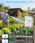 Smart WiFi Hose Timer For Garden Irrigation With Brass Inlet And Outlet, in use with manual app control on vegetable garden