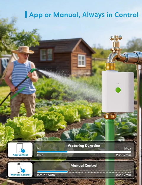 Smart WiFi Hose Timer For Garden Irrigation With Brass Inlet And Outlet, in use with manual app control on vegetable garden