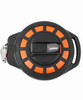 Top view of Three Eighths Inch By One Hundred Foot Construction Steel Long Tape Measure Pro Grade With Fast Rewind Rotating Hub.