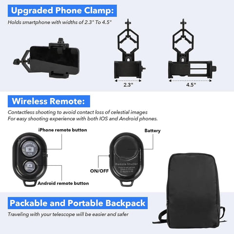 Upgraded phone clamp, wireless remote, and portable backpack for Awesome High Powered 70mm Refractor Telescope With 400mm Focal Length For Beginners And Adults.