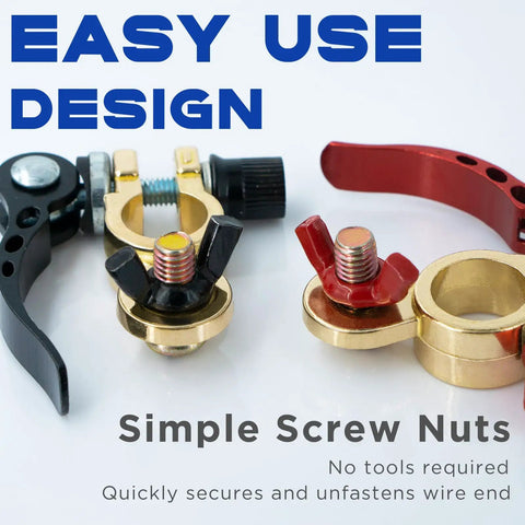 Pair Of Quick Release Battery Terminal Connectors For Cars Trucks And Boats Easy Disconnect Cable End Adapters Top Post Battery Terminal End Clamp Set With Anti Corrosion Washers Durable Universal 12V Auto Fit shown with simple screw nuts and easy use design
