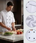 Unisex Chef Coat With Short Or Long Sleeve Crafted From Breathable Cotton Poly Blend Sleek For Kitchen Hustle Sweat Wicking Comfort. Chef slicing vegetables.
