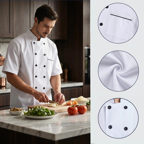 Unisex Chef Coat With Short Or Long Sleeve Crafted From Breathable Cotton Poly Blend Sleek For Kitchen Hustle Sweat Wicking Comfort. Chef slicing vegetables.