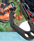 Aluminum Tree Climbing Hook With One Hand Operation and Open Design next to chainsaw, secure hold for tools, compatible with Shembiner XL