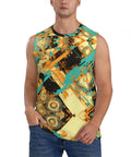 Men Breathable Mesh Sleeveless Tank Top Featuring Raw Cut Edges And Dropped Shoulders Quick Dry Gym Vest in vibrant abstract print.