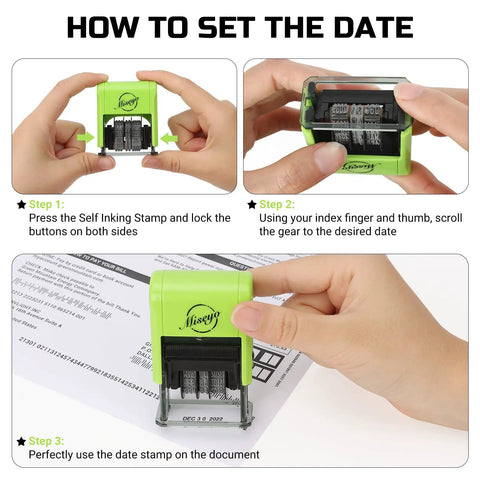 How to set date on Reliable Self Inking Date Stamp With Rock Solid Green Body And Two Black Refill Pads for efficient use.