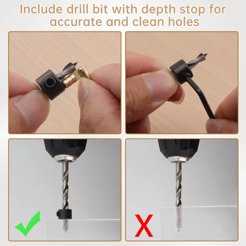 Hands demonstrating the included depth stop drill bit for 24 Pack Of 4 Millimeter Polished Brass Miniature Barrel Hinges.