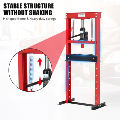 Top Shelf 12 Ton Hydraulic H Frame Shop Press With Included Press Plates And Adjustable Base, showing stable H-shaped frame and heavy-duty springs.