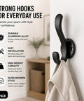 6 Pack Black Aluminum Coat Hooks No Drill Heavy Duty Wall Hooks Hold 50 Lbs Rust Proof Corrosion Resistant For Bathroom Kitchen Laundry Garage Great For Mudroom Hallways Closets And Entryways, black hook on wall holding robe