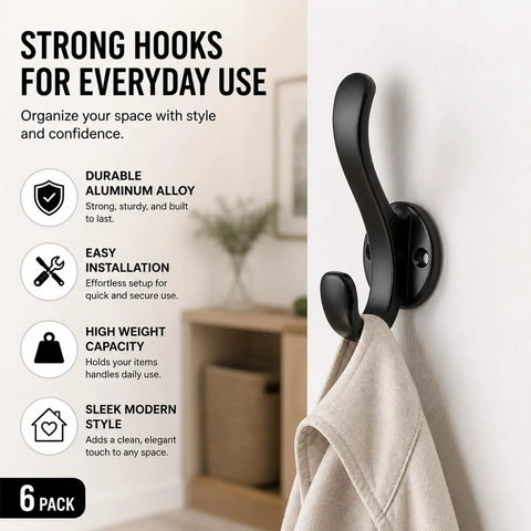 6 Pack Black Aluminum Coat Hooks No Drill Heavy Duty Wall Hooks Hold 50 Lbs Rust Proof Corrosion Resistant For Bathroom Kitchen Laundry Garage Great For Mudroom Hallways Closets And Entryways, black hook on wall holding robe