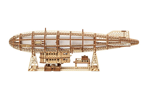 Side view of the assembled Luminous Zeppelin LED 3D Wooden Puzzle Kit For Adults, Hands On Vintage Airship Model, showing detailed wooden lattice.