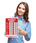 Woman holding Open Sign For Windows And Doors, Bold Red And White Hours Of Operation Kit, 7.7 By 11.7 Inches, with adhesive pads