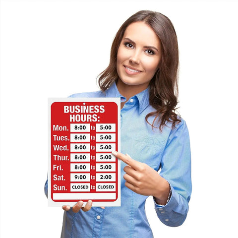 Woman holding Open Sign For Windows And Doors, Bold Red And White Hours Of Operation Kit, 7.7 By 11.7 Inches, with adhesive pads