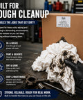 Person cleaning oil with White T Shirt Rags 10 Lb Bulk Box Recycled Knit Cotton Blend Shop Rags for Automotive Maintenance Industrial Cleaning Oil Grease Paint and Equipment Cleanup Workshop Ready Pro Grade Commercial Use