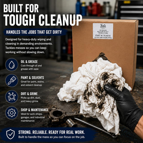 Person cleaning oil with White T Shirt Rags 10 Lb Bulk Box Recycled Knit Cotton Blend Shop Rags for Automotive Maintenance Industrial Cleaning Oil Grease Paint and Equipment Cleanup Workshop Ready Pro Grade Commercial Use