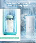 Portable Breast Milk Chiller With Two Bottles Insulated 22 Oz Cooler demonstrating upgraded cold-locking design with a bottle in freezer.