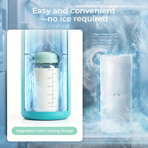 Portable Breast Milk Chiller With Two Bottles Insulated 22 Oz Cooler demonstrating upgraded cold-locking design with a bottle in freezer.