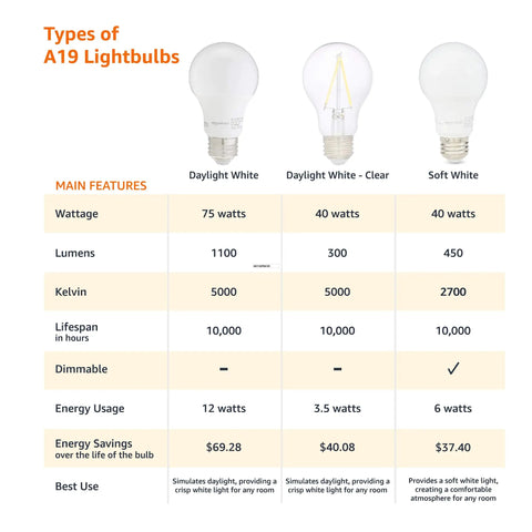 Comparison chart of types of A19 lightbulbs showing features of Energy Efficient LED Light Bulbs A19 9W 60W Equivalent E26 Base Soft White.