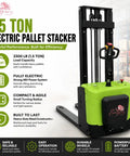 Heavy-Duty Electric Stand-On Pallet Stacker With Two-Stage Mast And 1.5-Ton Capacity showcasing green steel design and ergonomic handle.