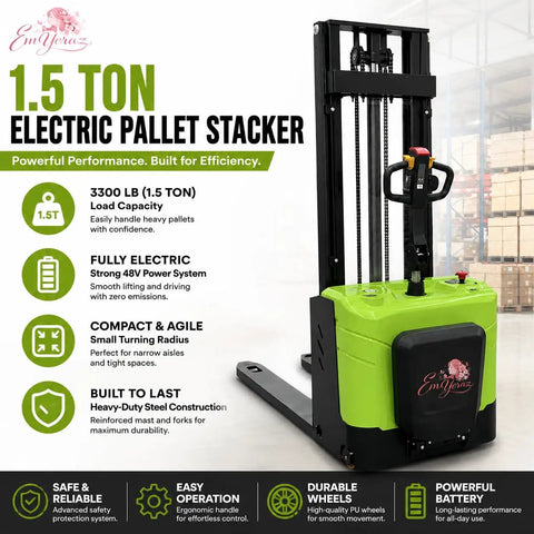 Heavy-Duty Electric Stand-On Pallet Stacker With Two-Stage Mast And 1.5-Ton Capacity showcasing green steel design and ergonomic handle.