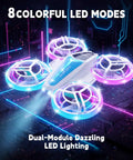 Kid Friendly Dual Module Lighting Drone With Triple Battery Pack displaying 8 LED light modes