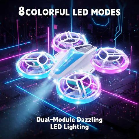 Kid Friendly Dual Module Lighting Drone With Triple Battery Pack displaying 8 LED light modes