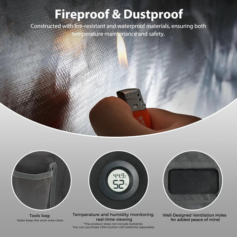 Close-up of fireproof, dustproof 3D Printer Enclosure L Keeps Heat In And Quiet, Dustproof Shield with thermometer and tools bag