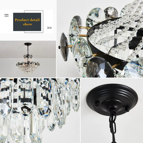 Black Crystal Chandelier With Seven Light Pendant Ceiling Fixture Dimmable E14 Compatible For Dining Room Living Room Kitchen Farmhouse Foyer Modern Rustic Luxury Lighting, black metal frame and crystal details