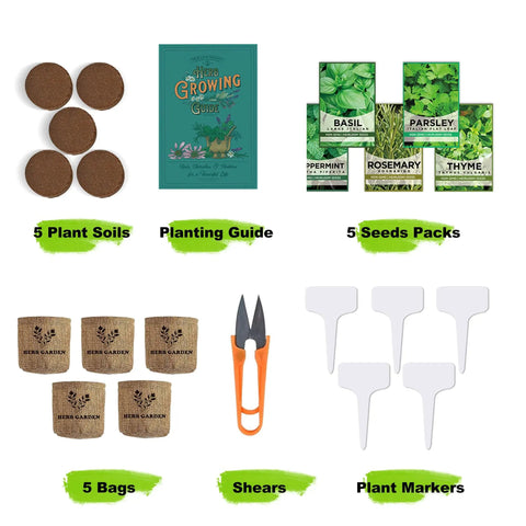 Five Herb Indoor Starter Kit For Kitchen Garden Complete Planting Set With Planter Bags, Markers, Soil Disks, and Mini Shears