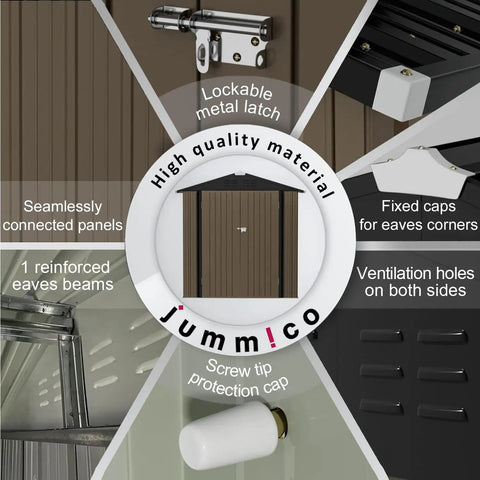 Details of Sturdy Metal Outdoor Storage Shed 6 By 4 Ft with lockable door, eaves, ventilation, and caps, brown steel material.